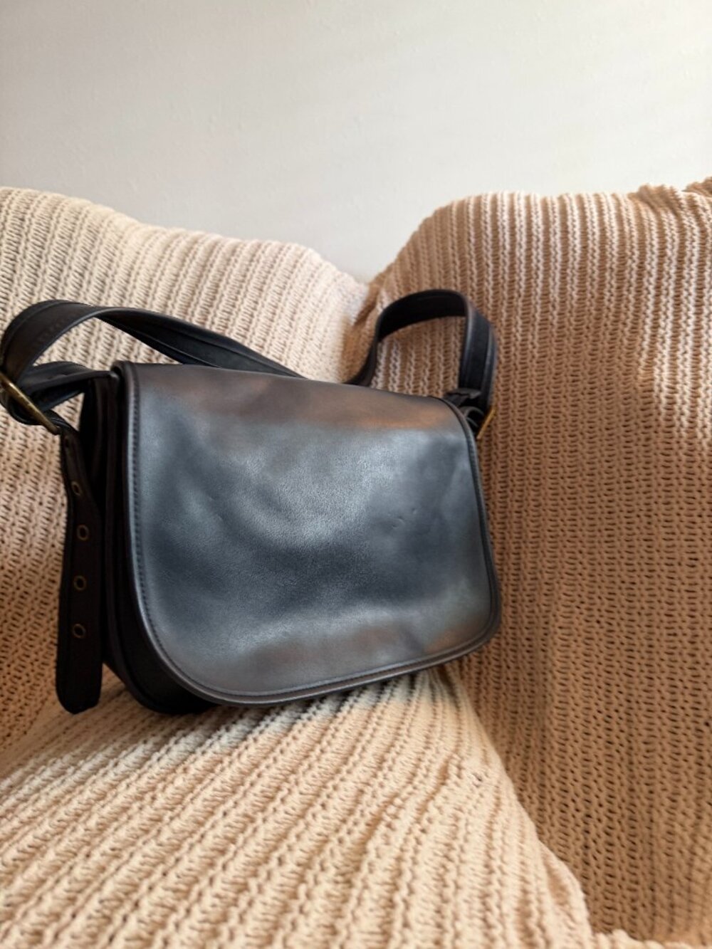 Thick Leather Shoulder Bag Navy Minimalist Flap Satchel Vintage Style
